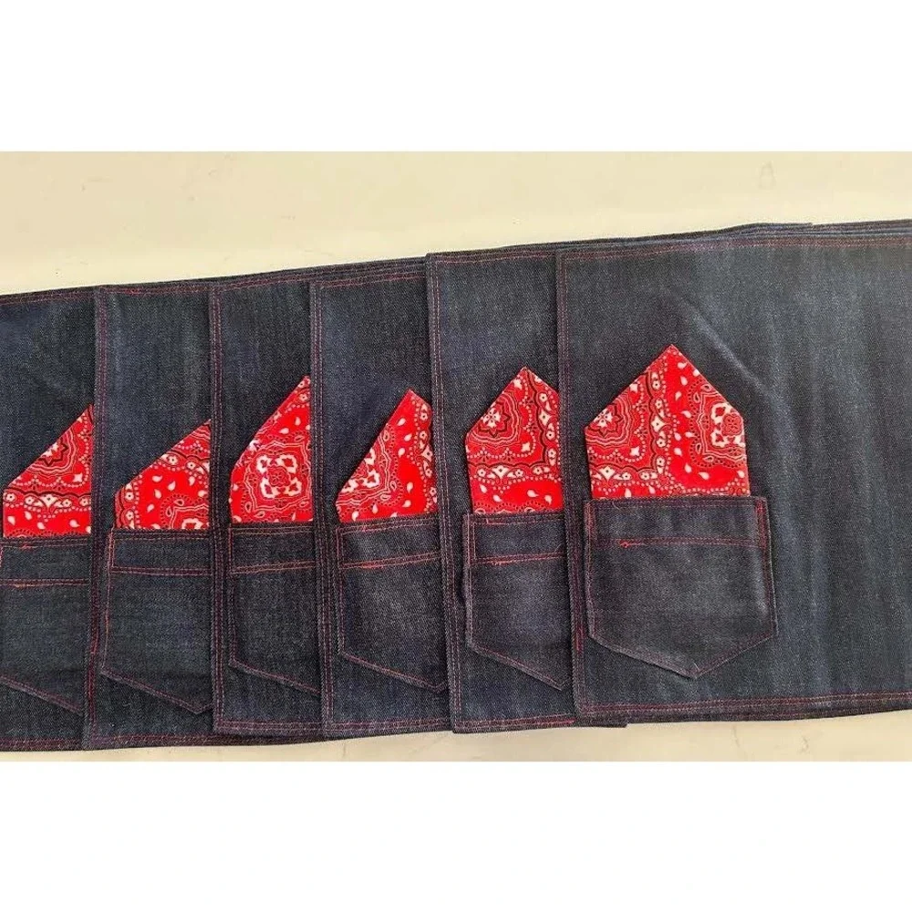 Set of 6 Denim Placemats with Red Bandana Pocket Napkin Indigo Blue Western